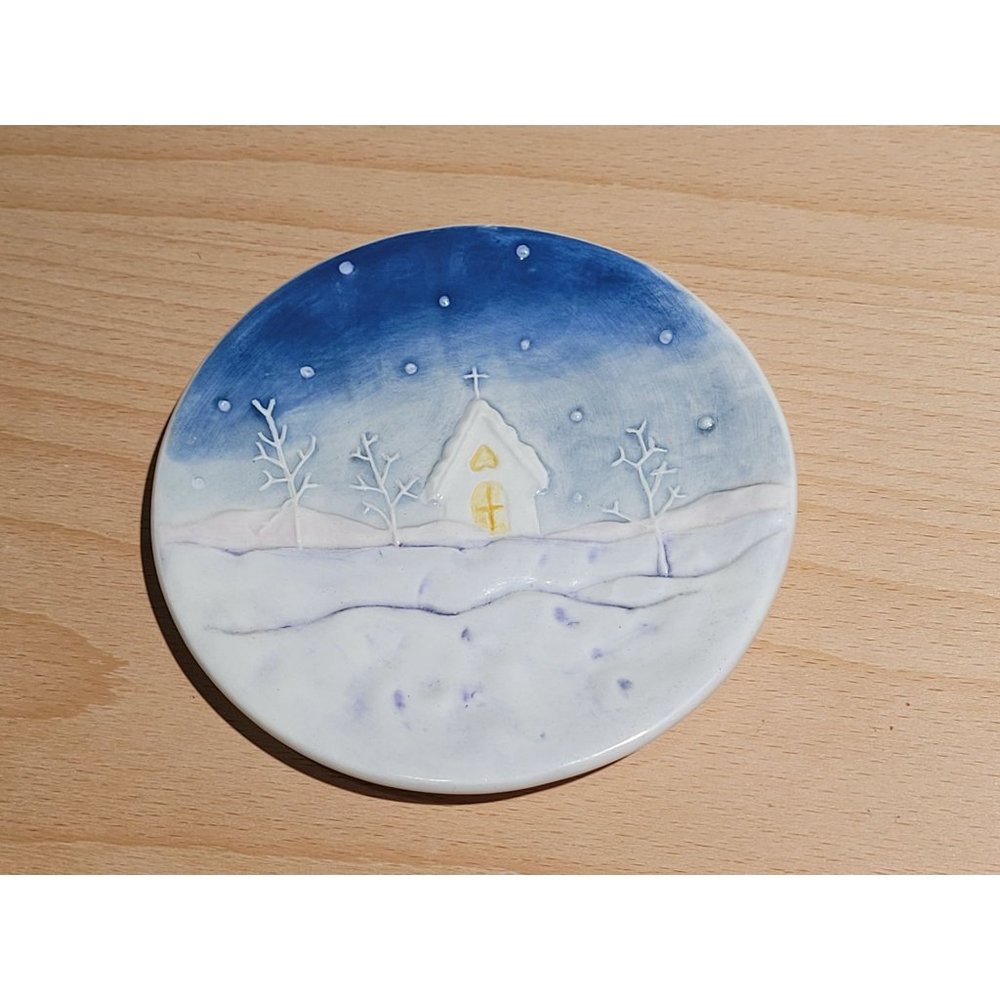 MWW Market Christmas Mini Plate 4.5" Flake Snow Church Trees Blue White